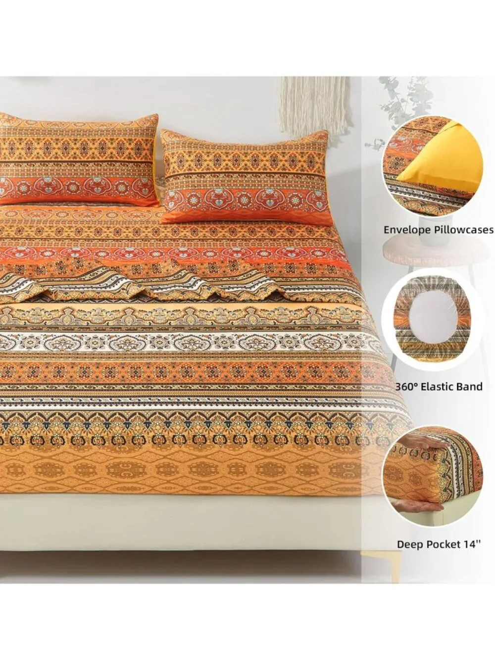 Boho Orange Queen Sheet Set - 4 PCS Colorful Striped Bedding, Deep Pocket